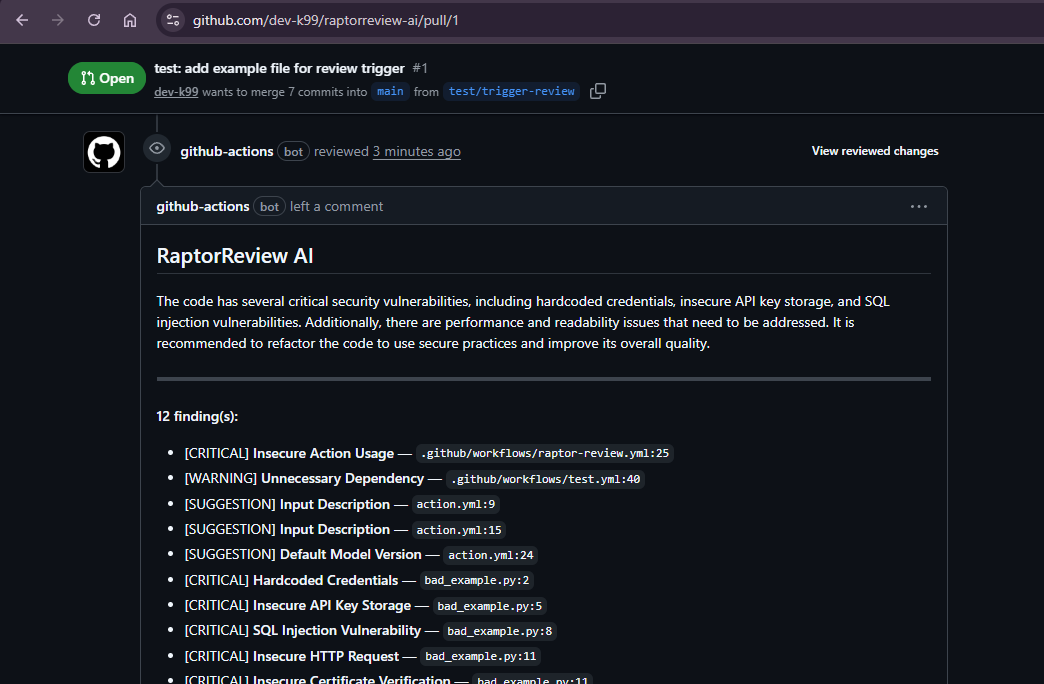 RaptorReview AI GitHub Action