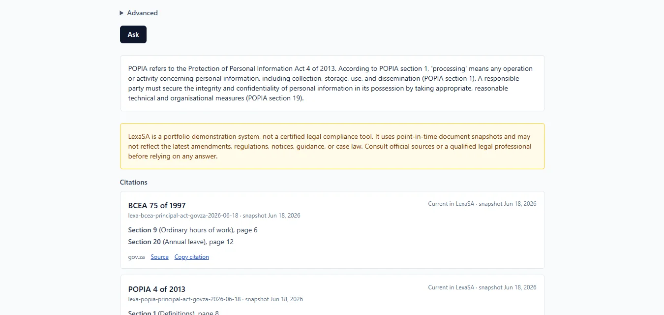 A grounded answer with every citation resolved to an Act, a section and a page.